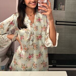 Pakistani 3pc Floral raw silk co-ord set